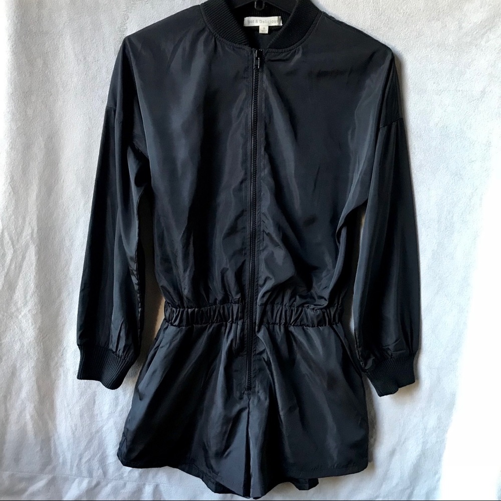 NWOT Black Nylon Zip Up Outerwear Romper Jumpsuit